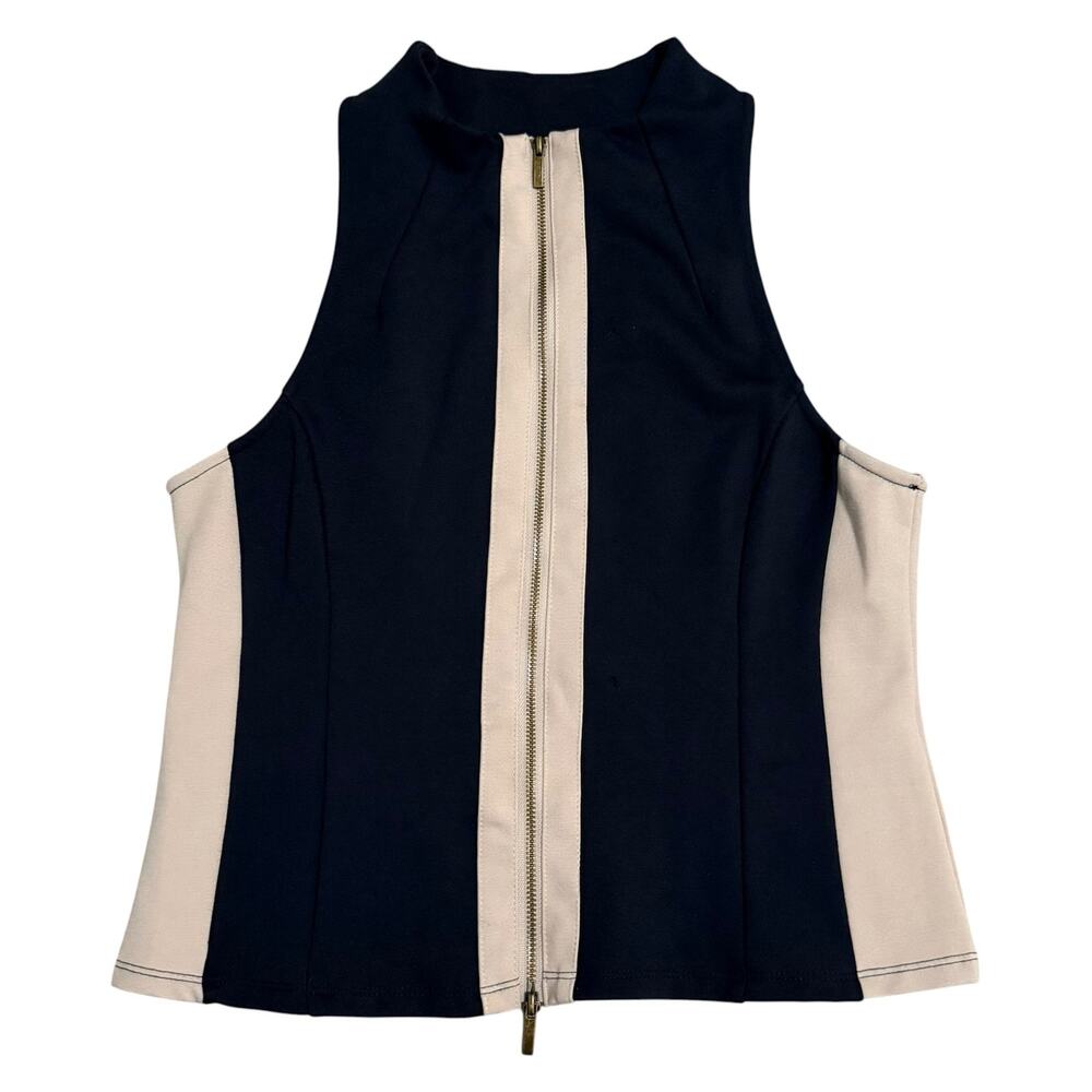by Anthropologie Mock Neck Moto Tank Top Zip Up Blue & Cream Color Block Small